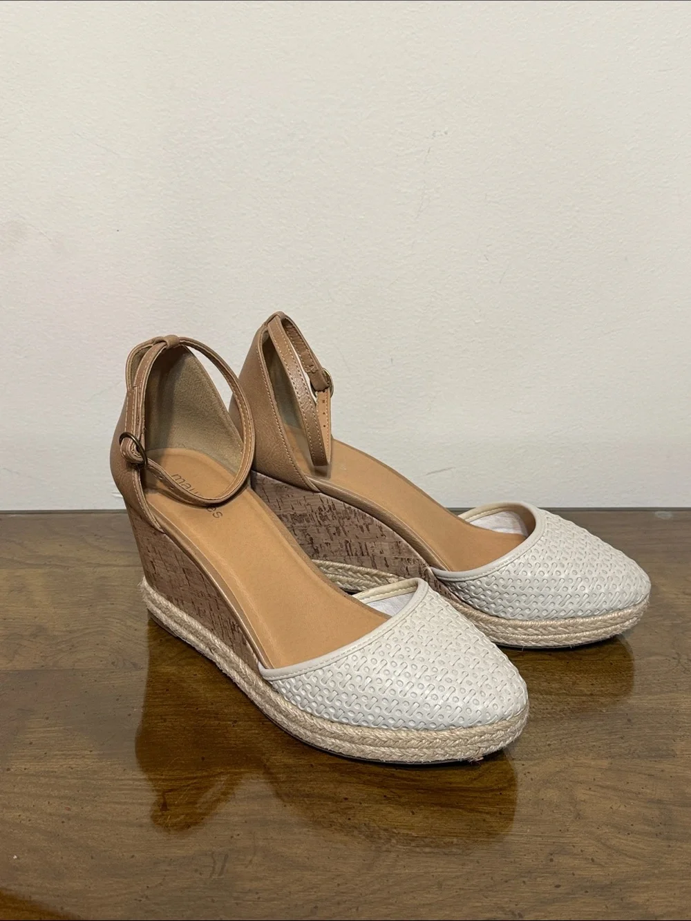 Maurices Cream and Tan Wedge Espadrille Sandals
